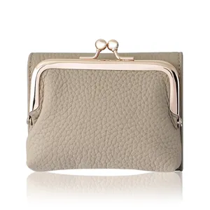 Elegant khaki genuine leather kiss-lock wallet for women with compact three-fold design