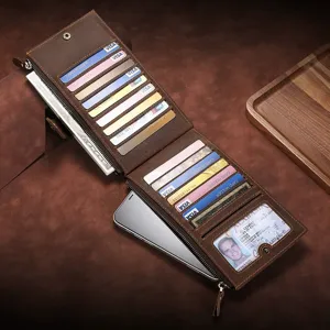 Premium vintage crazy horse leather long wallet for men with RFID blocking and phone slot