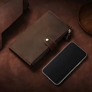 Premium vintage crazy horse leather long wallet for men with large phone compartment