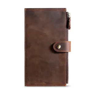 Genuine crazy horse leather long men's wallet with RFID blocking and side zipper closure