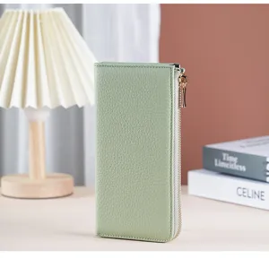 Grüne lange Damen-Geldbörse aus genarbtem Leder mit goldenem Reißverschluss Design