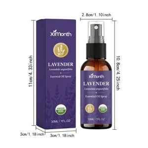 Spray de aceite esencial de lavanda y caja con dimensiones detalladas mostradas
