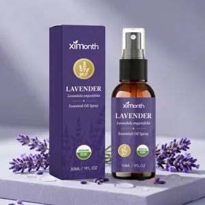 Spray de aceite esencial de lavanda XIMONTH en frasco marrón de 30ml con caja morada