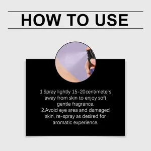 Instrucciones detalladas de uso para el spray de fragancia de aceite de lavanda.