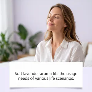 Imagen de estilo de vida de una mujer relajándose con el aroma a lavanda del spray.