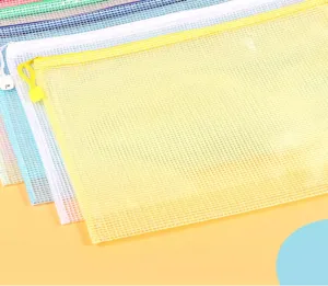 Close-up of colorful transparent mesh file bags with zipper closure