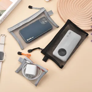 Portable mesh zipper storage bags in multiple sizes for electronics and accessories
