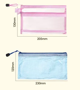 Detailed dimension comparison of pink double-layer and blue single-layer mesh pencil cases