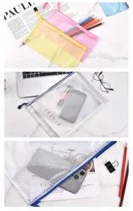 Detailed macro view of the waterproof mesh zipper pouch showing texture and storage capacity