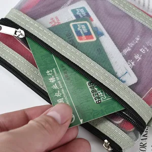 Double-layer transparent mesh organizer bag showing card storage for travel use