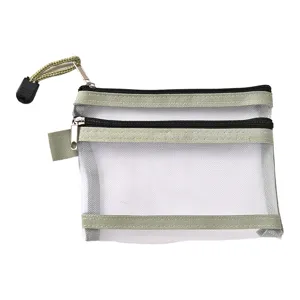 Double-layer white mesh storage pouch with olive green trim and zipper pulls