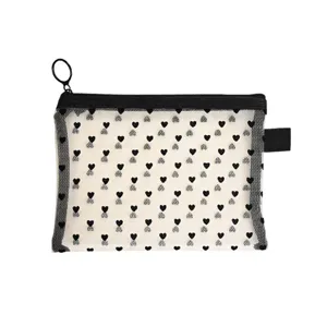 Kleine Kosmetiktasche aus Netzstoff mit Herzprint und Ring-Reißverschluss-Design