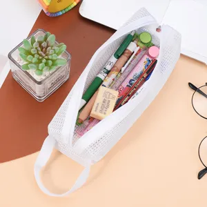 Portable large capacity white mesh pencil case with stationery inside for school