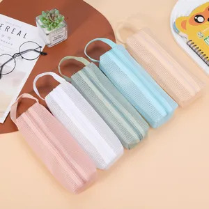 Five multi-colored breathable mesh pencil cases with smooth zippers and carry handles