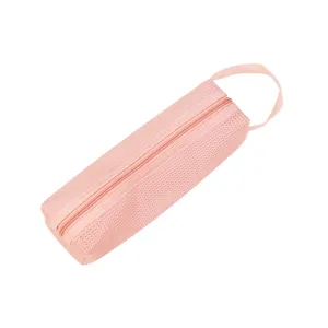 Portable pink mesh pencil case with smooth zipper and carrying handle for students and office