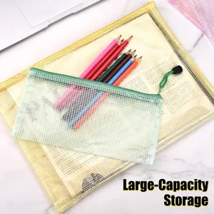 Waterproof transparent mesh zipper bags for office stationery and pencil storage