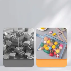 Transparente blaue Netztasche zur Organisation von Spielzeug und Blöcken, Vorher-Nachher