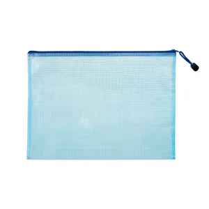 Waterproof blue mesh zipper file bag designed for office storage and organization of bills.