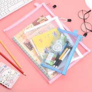 Set of transparent mesh nylon zipper pouches in pink, white, and blue for school.