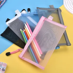 Set of multicolor transparent mesh pencil pouches for student stationery storage