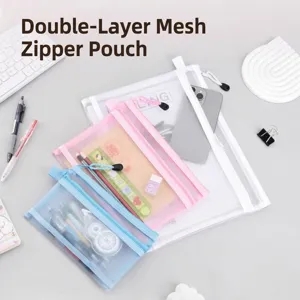 Mesh Nylon Transparent Document Bag Double Layer Zipper File Folder School Office Stationery Storage Pouch Large Capacity Organizer Bag