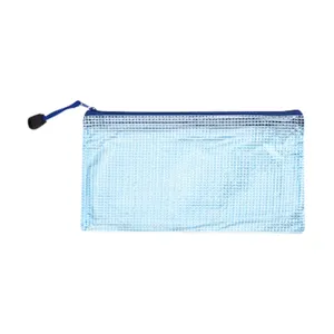 Transparent blue mesh pencil pouch for students with large capacity and smooth zipper closure