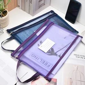 A4 portable mesh document bag with double-layer zipper and index label, navy blue