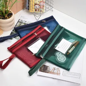 Set of three A4 mesh zipper file bags with index labels for office document storage