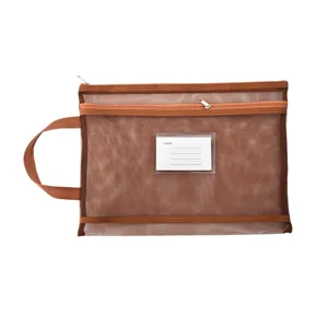 Vintage brown A4 double-layer mesh document organizer bag with handle and index card pocket