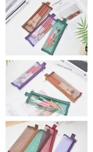 Multi-colored mesh makeup brush storage bags showing breathable mesh texture and zippers.