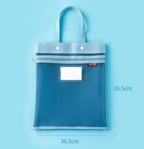 Double-layer blue mesh file tote bag for stationery with dimensions 35.5cm by 30.5cm