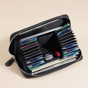 Echtes Leder RFID Blockierung Brieftasche Patchwork Akkordeon Kartenhalter Für Herren Damen Lange Reißverschluss Kreditkartenschutz