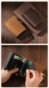 Detailed view of vintage leather RFID pop-up card holder with card slots and cash pocket