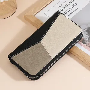 Elegante RFID Echtleder Geldbörse mit Colorblock-Design und sicherem Reißverschluss für Damen