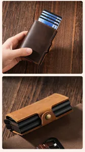 Close-up of retro crazy horse leather pop-up card holder with double aluminum slots