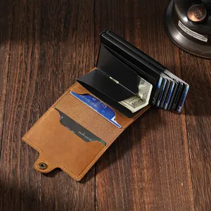 Vintage crazy horse leather pop-up card holder with double aluminum RFID blocking slots