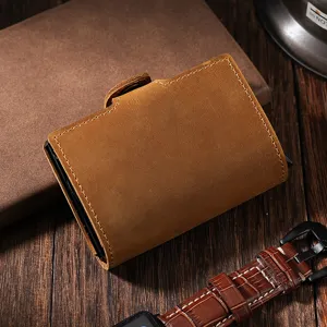 Premium vintage brown crazy horse leather pop-up card holder with RFID blocking and dual slots