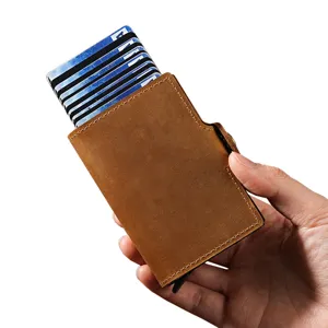 Vintage Crazy Horse leather pop-up RFID card holder wallet for men with metal case