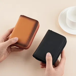 Mini tarjetero de acordeón de cuero retro con protección RFID y cierre de cremallera