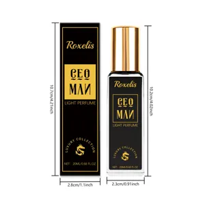 Precise dimensions of 20ml luxury cologne bottle and black gold packaging box for travel.