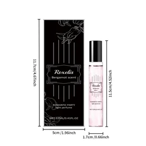 Dettaglio delle dimensioni per la boccetta di profumo Roxelis bergamotto e la confezione