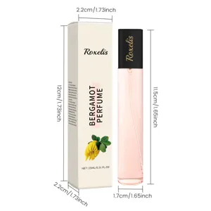 Detailed view of portable 15ml bergamot perfume bottle and box with dimensions