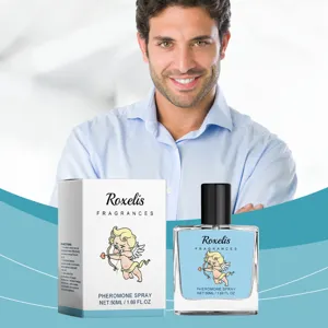 Détail du flacon de parfum aux phéromones Cupid Angel et de son emballage bleu
