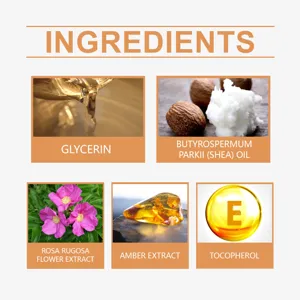 Detailed view of natural ingredients including Shea Oil and Rose Extract for solid perfume