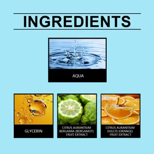 Vue détaillée des ingrédients du parfum eau de cologne avec extraits de bergamote et d'orange