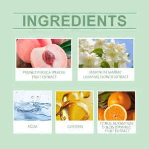 Perfume spray ingredient details showing natural peach, jasmine and fresh botanical extracts.
