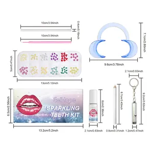 Dimensiones detalladas del kit de gemas dentales con luz UV y pegamento incluido