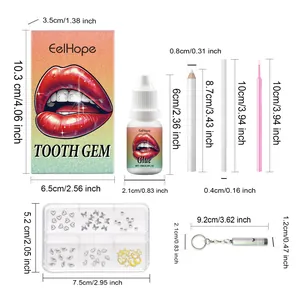 Vista dettagliata del kit di gemme dentali fai-da-te con dimensioni in cm e pollici