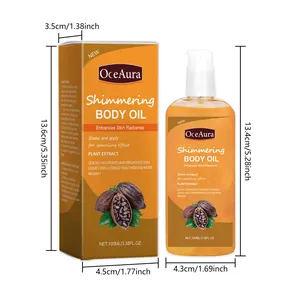 Detalle de aceite corporal brillante OceAura con dimensiones exactas y envase de 100ml