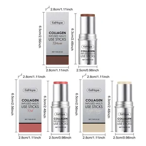 Gedetailleerde afmetingen van EelHope collageen make-up sticks in bruin, rood en beige